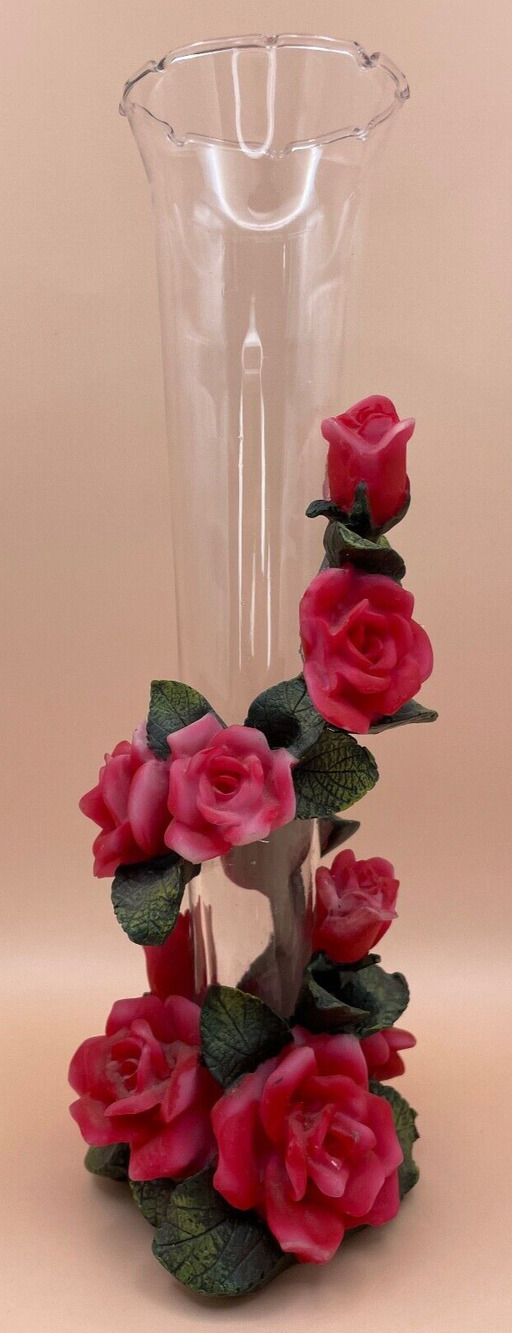 Vintage Clear Glass 8" Vase Tapered With Applied 3-D Red Roses Pre-owned